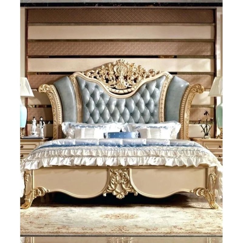 Classic Luxury Carved Wood Bed Frame with Upholstered Headboard
