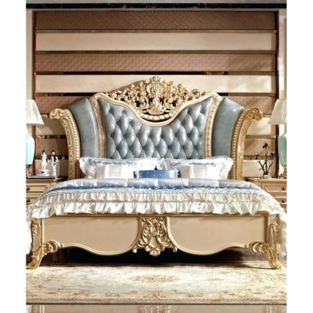 Classic Luxury Carved Wood Bed Frame with Upholstered Headboard