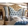 Classic Luxury Carved Wood Bed Frame with Upholstered Headboard