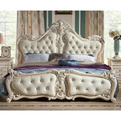 Luxury Ivory Carved Upholstered King Bed Frame Classic Design