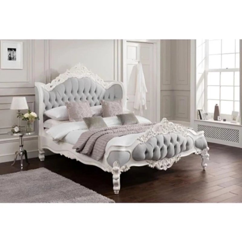 Classic Carved White Wood Grey Upholstered Bed