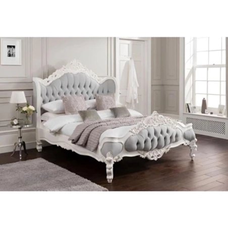 Classic Carved White Wood Grey Upholstered Bed