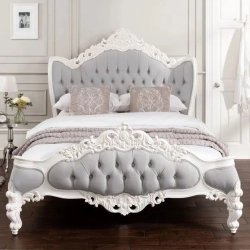 Classic Carved White Wood Grey Upholstered Bed