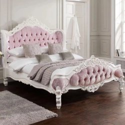 Classic Carved White Wood Grey Upholstered Bed
