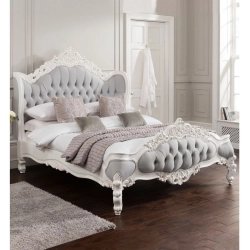 Classic Carved White Wood Grey Upholstered Bed