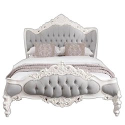 Classic Carved White Wood Grey Upholstered Bed