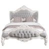 Classic Carved White Wood Grey Upholstered Bed