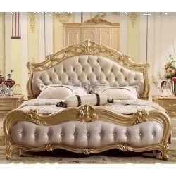 Luxury Classic Gold Carved Bed Frame with Tufted Headboard