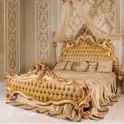 Luxurious Gold Carved Tufted King Bed Classic Design