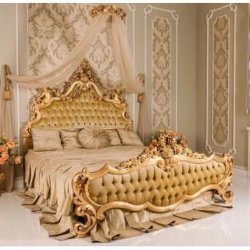 Luxurious Gold Carved Tufted King Bed Classic Design