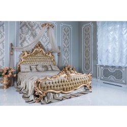 Luxurious Gold Carved Tufted King Bed Classic Design