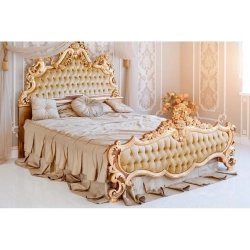 Luxurious Gold Carved Tufted King Bed Classic Design