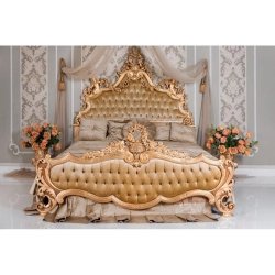 Luxurious Gold Carved Tufted King Bed Classic Design