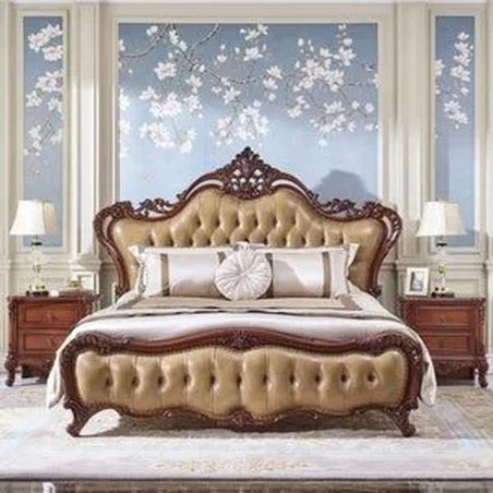 Luxury Classic Carved Wood Bed Frame with Tufted Upholstery