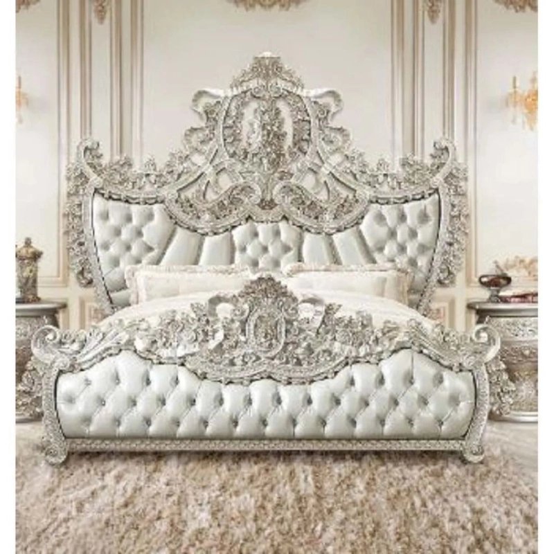 Luxury Classic Carved Wooden Bed with Tufted Upholstery