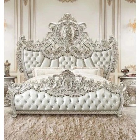 Luxury Classic Carved Wooden Bed with Tufted Upholstery