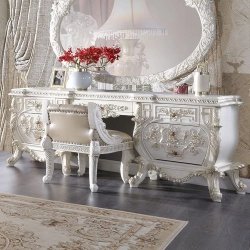 Luxury Classic Carved Wooden Bed with Tufted Upholstery