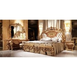 Luxury Carved Wood Bed Set Tufted Headboard Matching Pieces