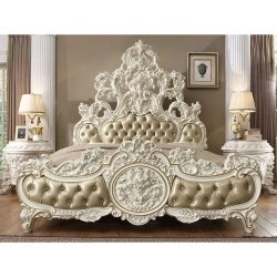 Luxury Baroque Carved King Size Bed with Tufted Upholstery