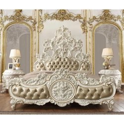 Luxury Baroque Carved King Size Bed with Tufted Upholstery