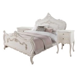 Elegant White Carved Wooden Bed Frame | Classic Luxury Bedroom Furniture
