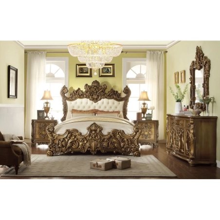 Royal Ornate Carved Wood Bed with Tufted Headboard - Classic Design