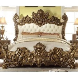 Royal Ornate Carved Wood Bed with Tufted Headboard - Classic Design