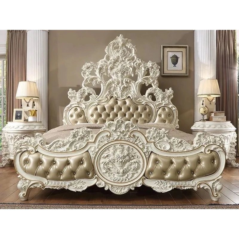 Ornate Carved Wood Upholstered Classic King Bed Ornate Carved Wood Upholstered Classic King Bed