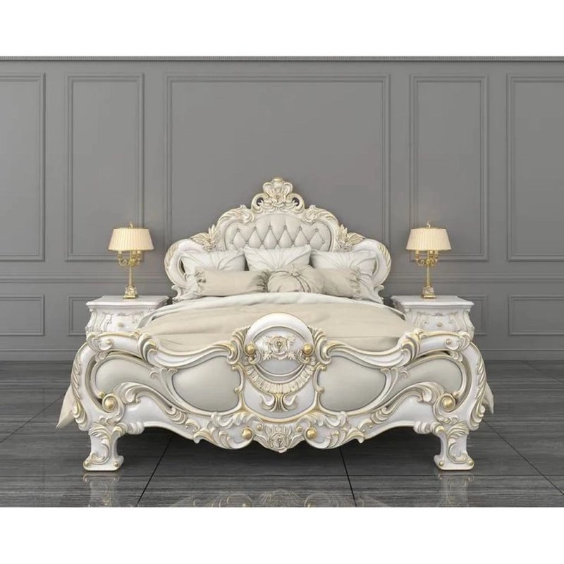 Opulent Ivory White Carved Wood Bed with Gold Accents and Marble Nightstands Opulent Ivory White Carved Wood Bed with Gold Accents and Marble Nightstands