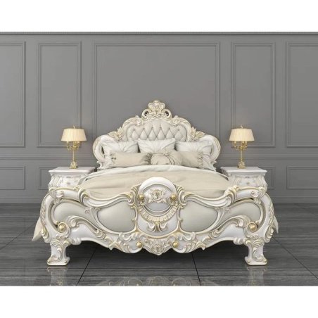 Opulent Ivory White Carved Wood Bed with Gold Accents and Marble Nightstands