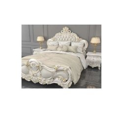 Opulent Ivory White Carved Wood Bed with Gold Accents and Marble Nightstands