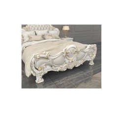 Opulent Ivory White Carved Wood Bed with Gold Accents and Marble Nightstands