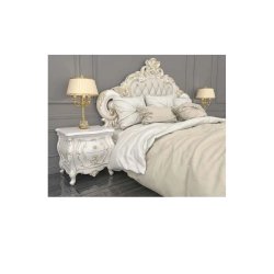 Opulent Ivory White Carved Wood Bed with Gold Accents and Marble Nightstands