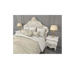 Opulent Ivory White Carved Wood Bed with Gold Accents and Marble Nightstands