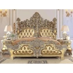 Luxury Gold Ornate Tufted Upholstered Classic Bed with Nightstands