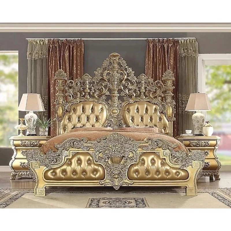 Luxury Royal Golden Ornate Bed Set with Nightstands Luxury Royal Golden Ornate Bed Set with Nightstands