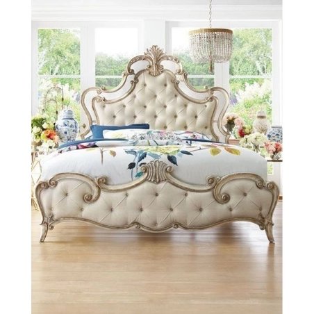 Luxury Ornate Carved Upholstered King Bed Frame with Tufted Headboard and Footboard