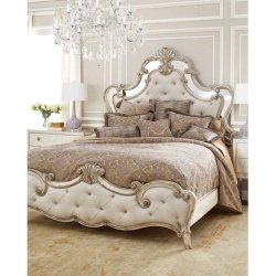 Luxury Ornate Carved Upholstered King Bed Frame with Tufted Headboard and Footboard