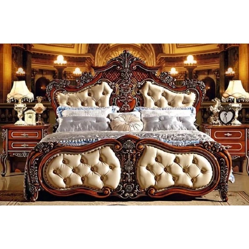 Luxury Carved Wood Upholstered King Size Bed Frame Classic Design