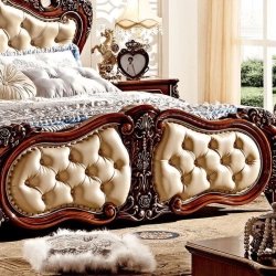 Luxury Carved Wood Upholstered King Size Bed Frame Classic Design