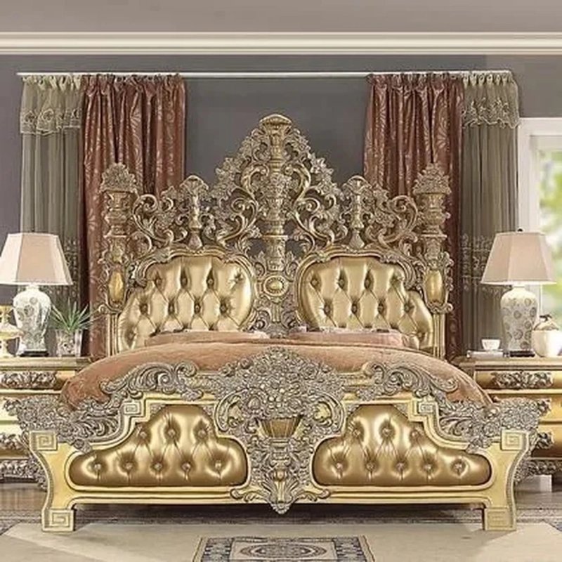 Luxury Gold Ornate Carved Wood Bed Frame Classic Baroque Style
