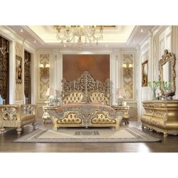 Luxury Gold Ornate Carved Wood Bed Frame Classic Baroque Style