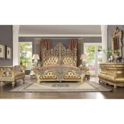 Luxury Gold Ornate Carved Wood Bed Frame Classic Baroque Style