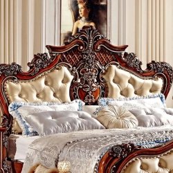 Luxury Carved Wood Royal Bed Frame with Upholstered Headboard Classic Design
