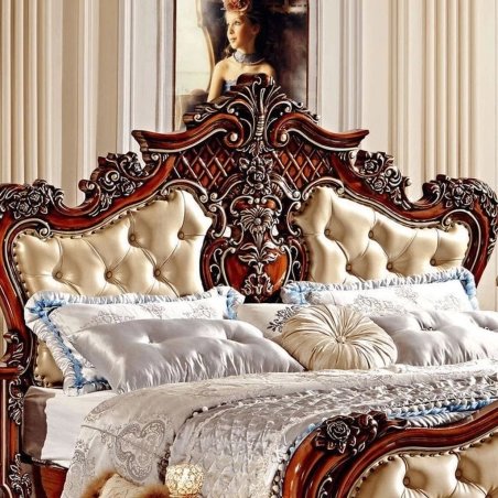 Luxury Carved Wood Royal Bed Frame with Upholstered Headboard Classic Design