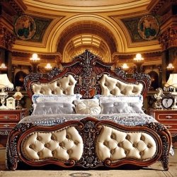 Luxury Carved Wood Royal Bed Frame with Upholstered Headboard Classic Design