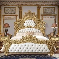 Luxury Gold Carved Wood Tufted Headboard Bed Frame