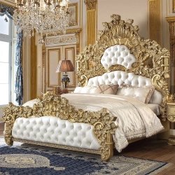 Luxury Gold Carved Wood Tufted Headboard Bed Frame