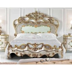 Luxury Classic Carved Wood Bed Gold Floral Headboard