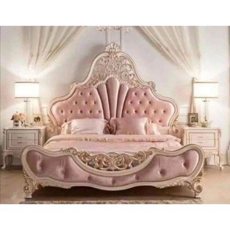 Luxury Pink Tufted Classic Carved Wood Bed Frame